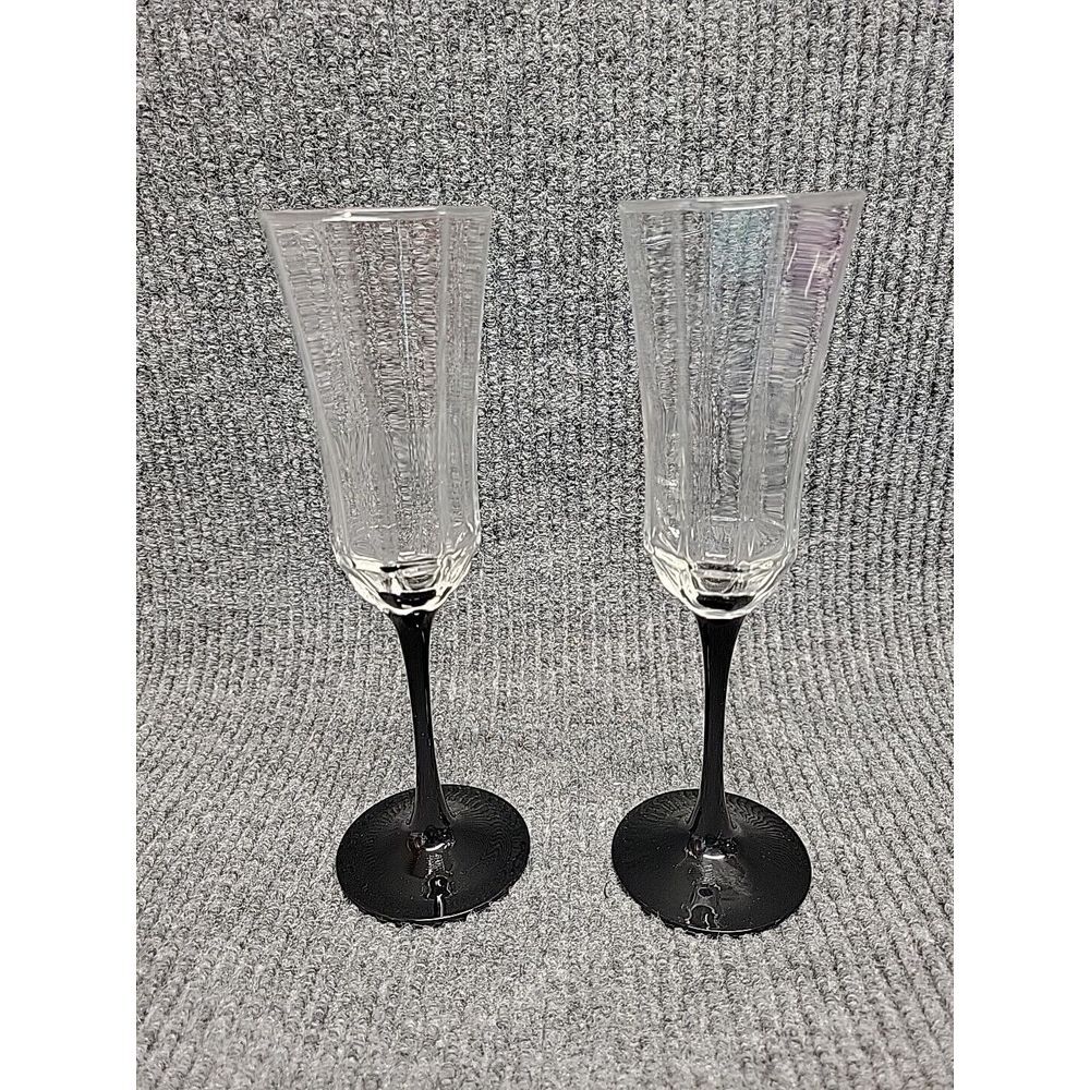 Luminarc France Champagne Flutes Set of 2 Clear Textured Ribbed Black Stem Glass